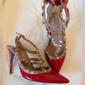 Valentino Garavani Red Patent Rockstud T-Strap Pumps – Size 37